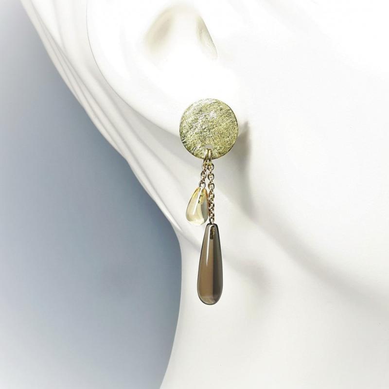 Boucle d'oreilles or jaune 18kt, pampilles en quartz fumé et citrine. Pièce unique.